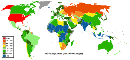 تعداد زندانیان کشورها به ازای هر صد هزار نفر جمعیت