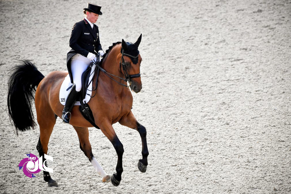 ایزابل ورت اسب سوار آلمانی در صد و هفتمین رقابتهای اسب سواری مسابقات گرند پریکس در حال رقابت است.